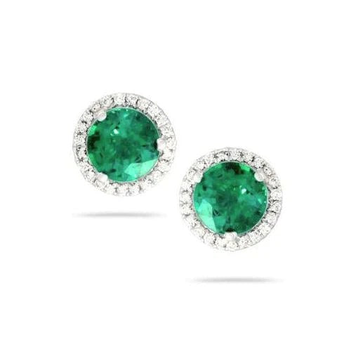 Round Green Emerald With Diamond Women Stud Halo Earring White Gold 14K