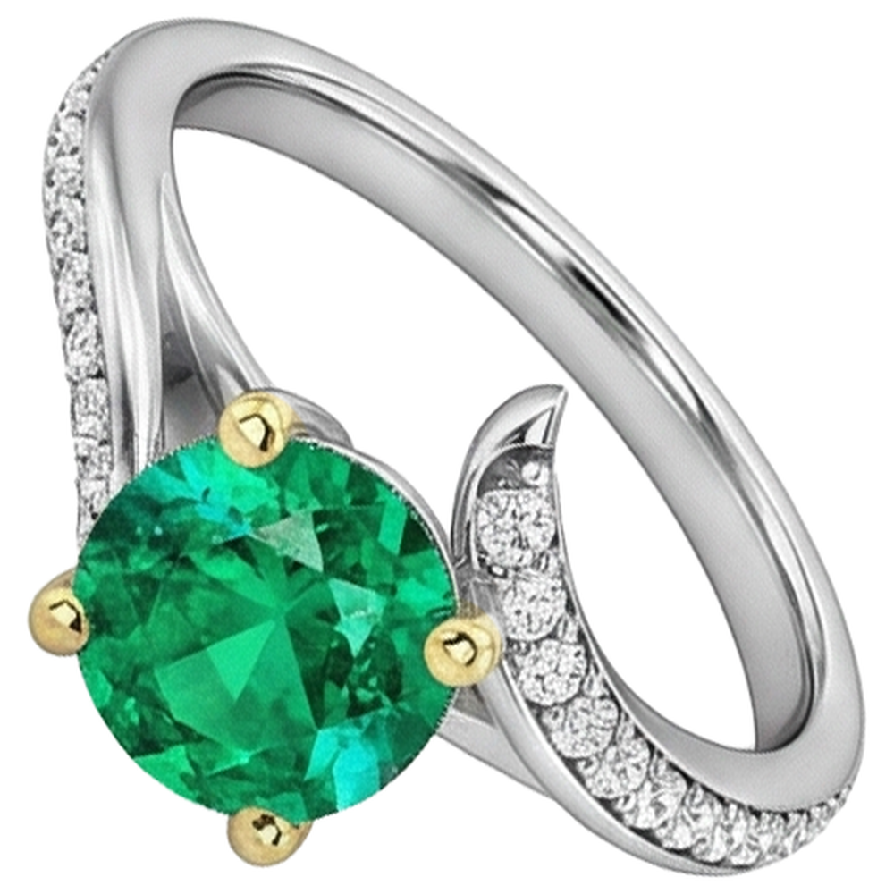 Emerald Round Brilliant Precious Stone Ring in Two-Tone 14K Gold – angle view
