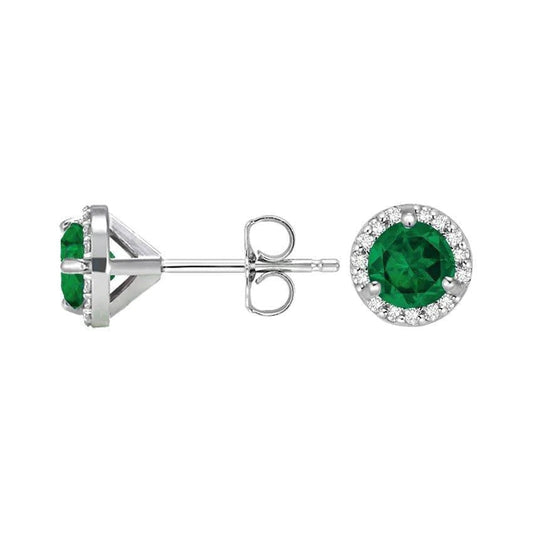 Round Green Emerald With Halo Diamond Stud Earring 3.70 Carat White Gold 14K