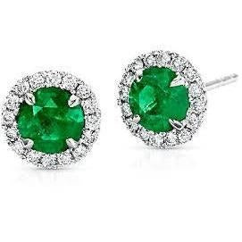 Round Green Emerald With Halo Diamond Stud Earring White Gold 8.50 Ct
