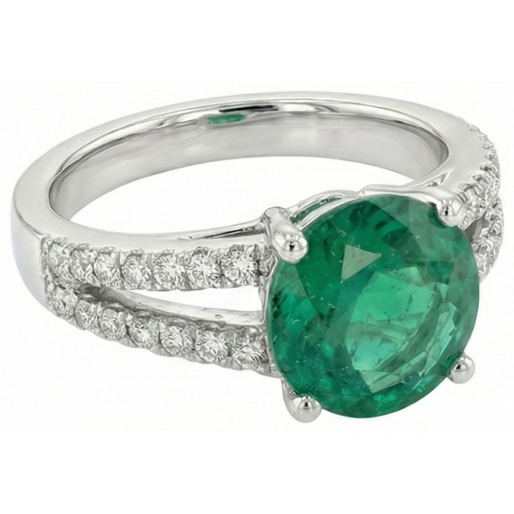 Round Green Emerald With Natural Earth Mined Diamonds 3.75 Carats Wedding Ring White Gold 14K