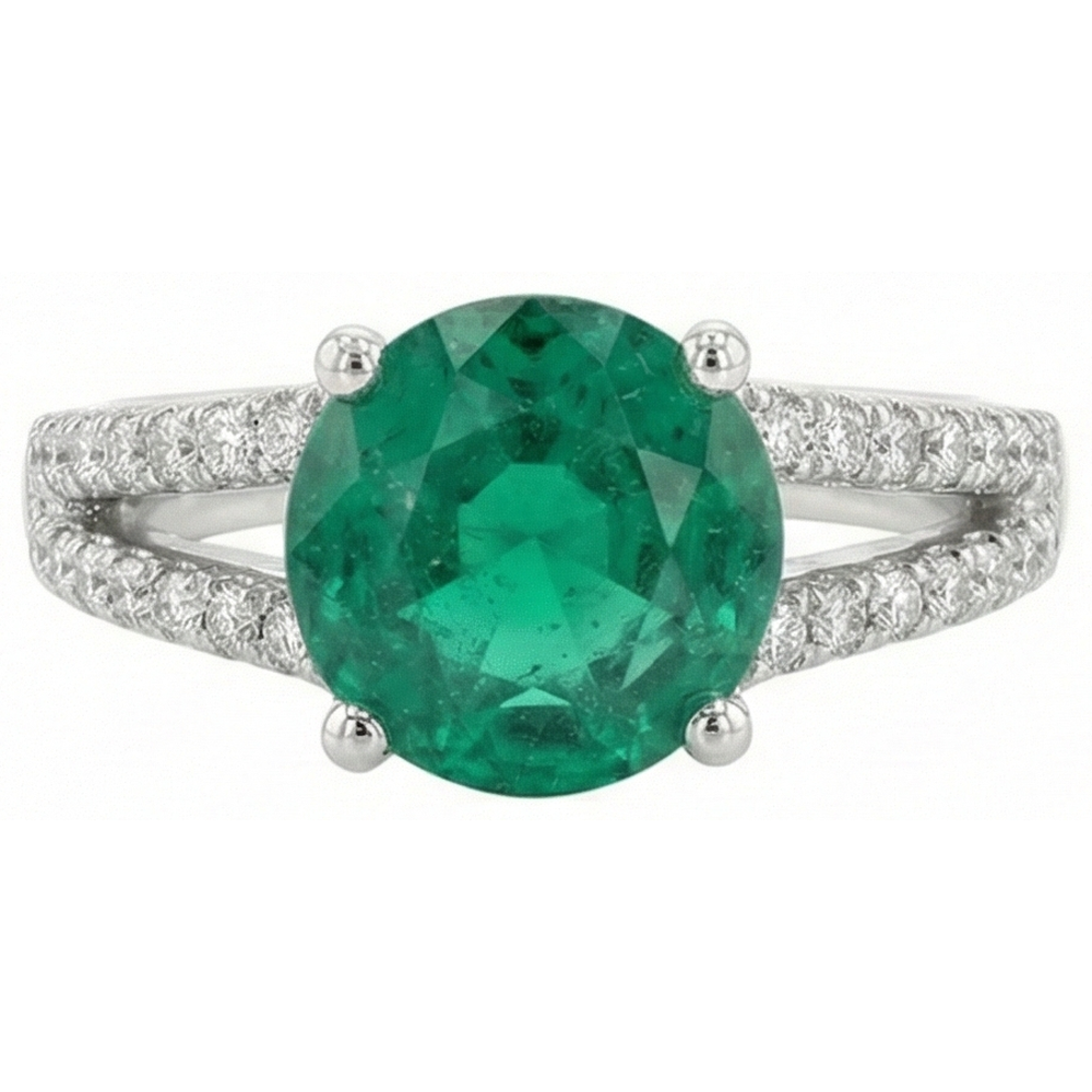 Round Green Emerald With Natural Earth Mined Diamonds 3.75 Carats Wedding Ring White Gold 14K