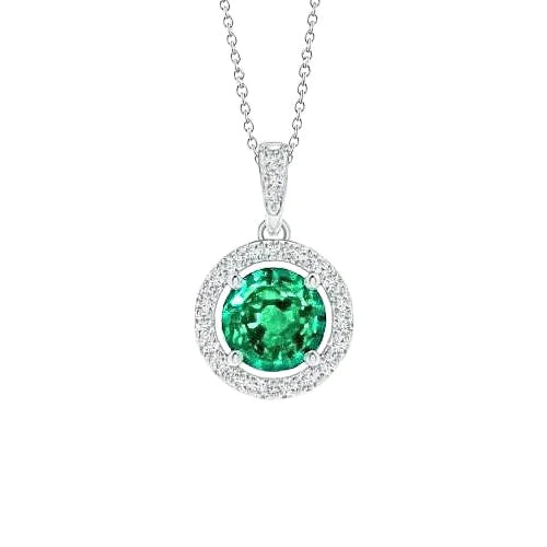 Round Halo Green Emerald And Diamond Gemstone Necklace 5.70 Carats