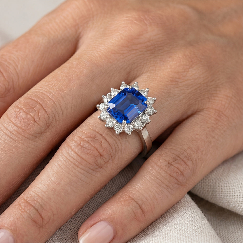 Round Halo IGI CERTIFIED Diamond Asscher Cut Blue Sapphire 6.50 Carats Ring Gold 14K