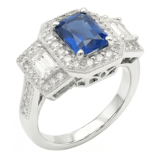 Round Halo Natural Earth Mined Diamond Emerald Ring Blue Sapphire Antique Style 3 Carats