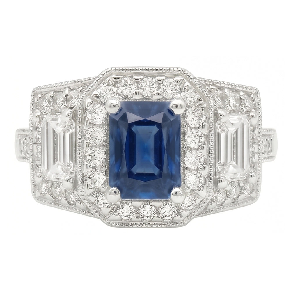 Round Halo Natural Earth Mined Diamond Emerald Ring Blue Sapphire Antique Style 3 Carats