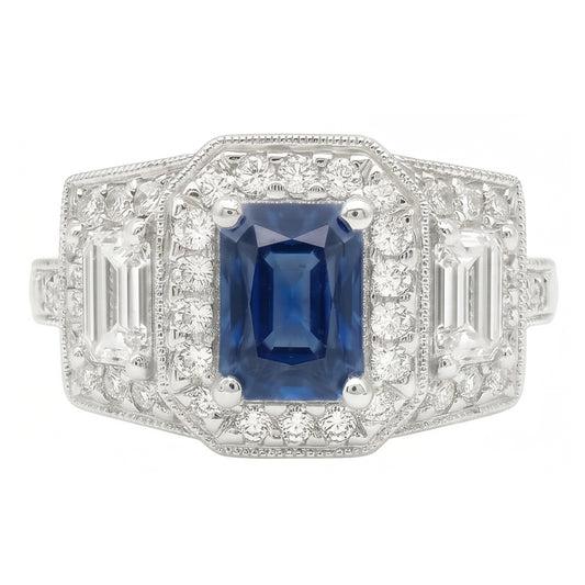 Round Halo Natural Earth Mined Diamond Emerald Ring Blue Sapphire Antique Style 3 Carats