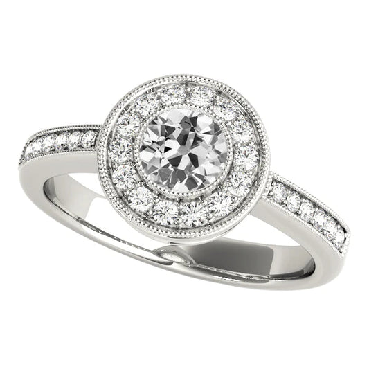 Round Halo Old Cut Real Diamond Ring Bezel Set 3.50 Carats Milgrain Shank