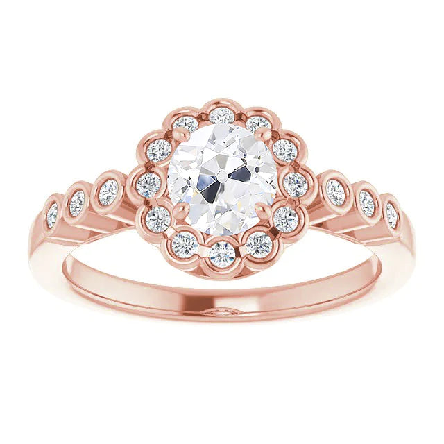 Round Halo Old Mine Cut Real Diamond Ring Bezel Set 4.25 Carats Rose Gold