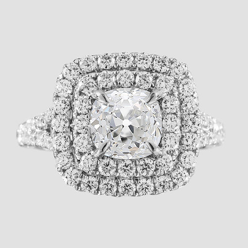 Round Natural Diamond Double Halo Cushion Old Cut Ring Pave Set 4.25 Carats