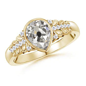 Round Natural Diamond & Pear Old Cut Ring Leaf Style Gold Jewelry 2 Carats