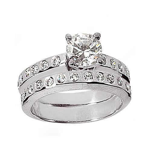 Round Natural Diamond Ring Engagement Band Set 1.75 Carats White Gold 14K