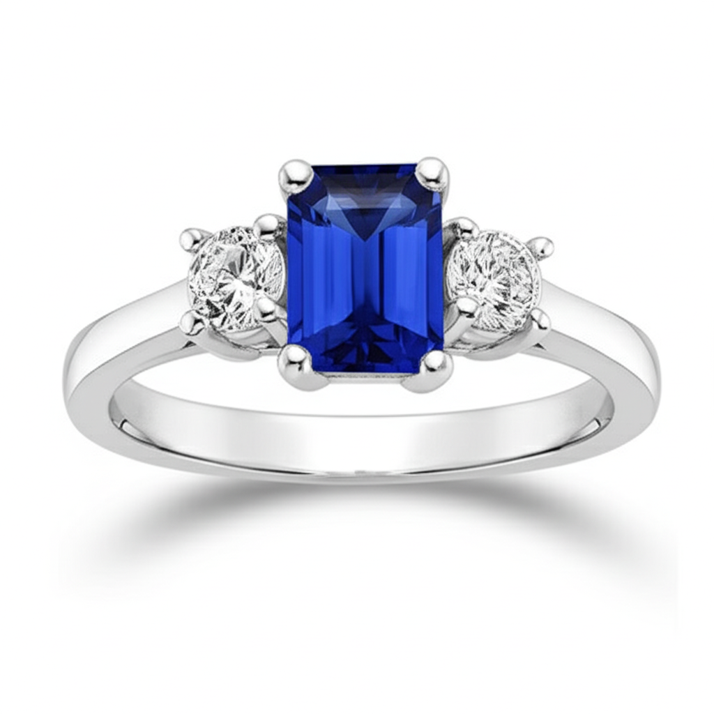 Round Natural Earth Mined Diamond 3 Stone Ring With Emerald Ceylon Sapphire 4.50 Carats