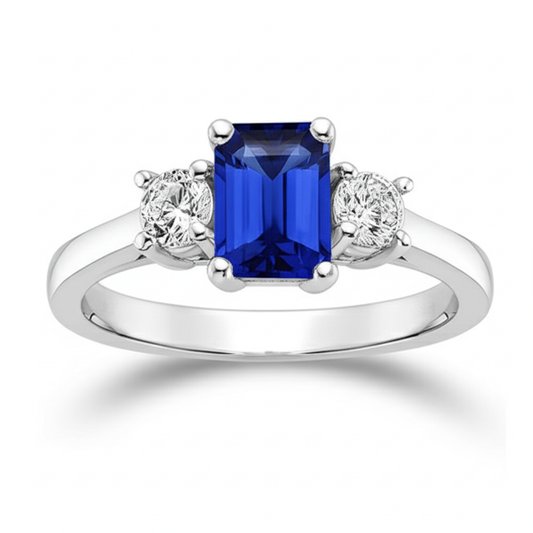 Round Natural Earth Mined Diamond 3 Stone Ring With Emerald Ceylon Sapphire 4.50 Carats