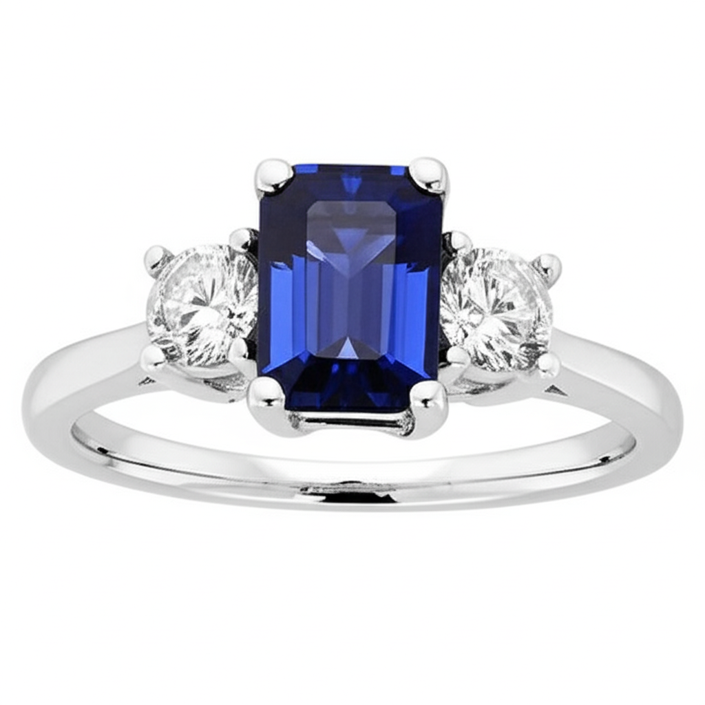 Round Natural Earth Mined Diamond 3 Stone Ring With Emerald Ceylon Sapphire 4.50 Carats