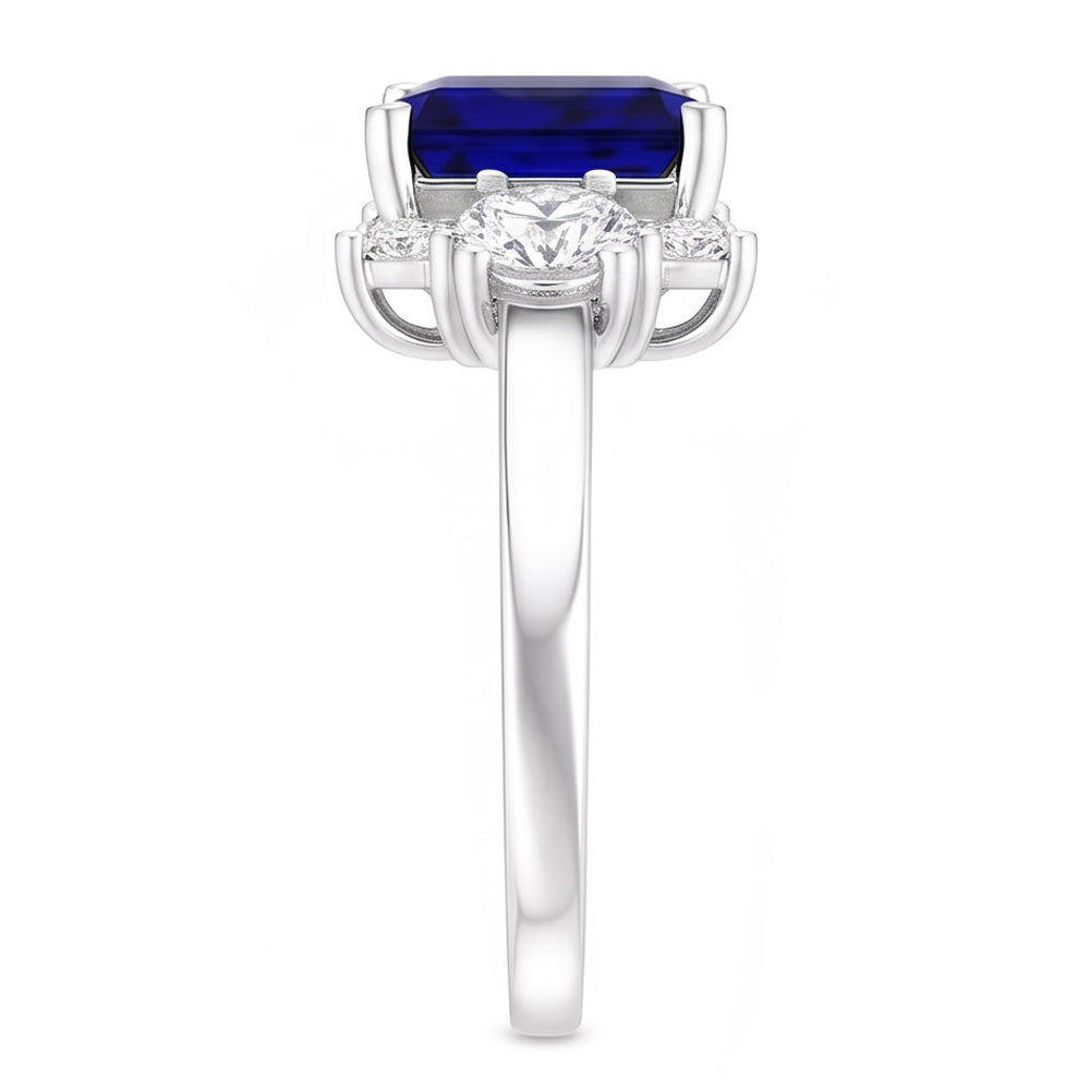 Round Natural Earth Mined Diamond 3 Stone Ring With Emerald Ceylon Sapphire 4.50 Carats