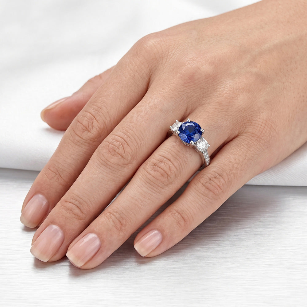 Round Natural Earth Mined Diamond Anniversary Blue Sapphire Ring 3 Carats Ladies Jewellery