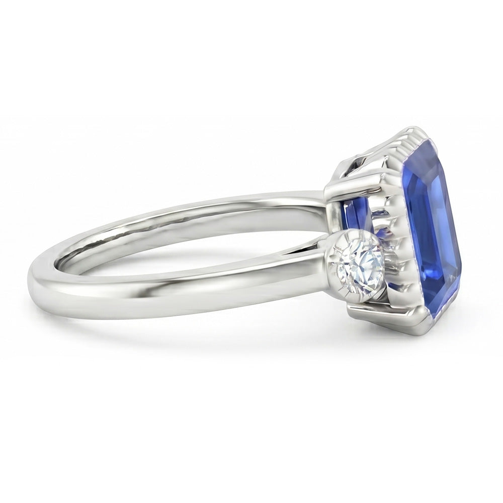 Round Natural Earth Mined Diamond Bezel 3 Stone Anniversary Blue Sapphire Ring 2.25 Carats