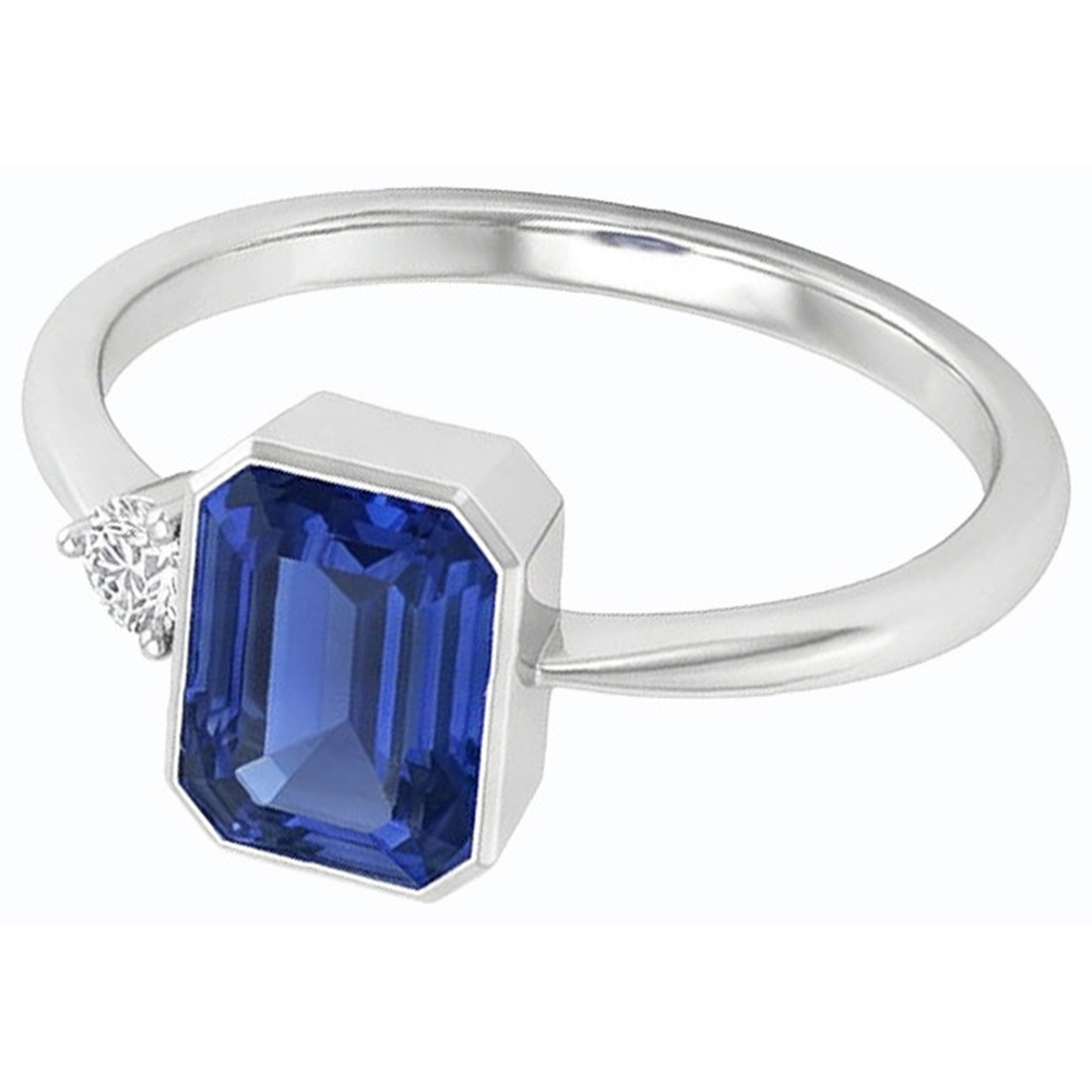 Round Natural Earth Mined Diamond Bezel Set Blue Sapphire Ring 1.75 Carats Tapered Shank