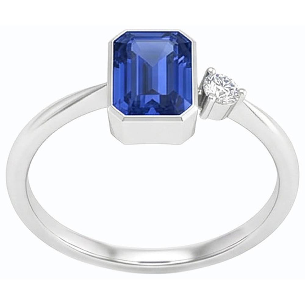 Round Natural Earth Mined Diamond Bezel Set Blue Sapphire Ring 1.75 Carats Tapered Shank