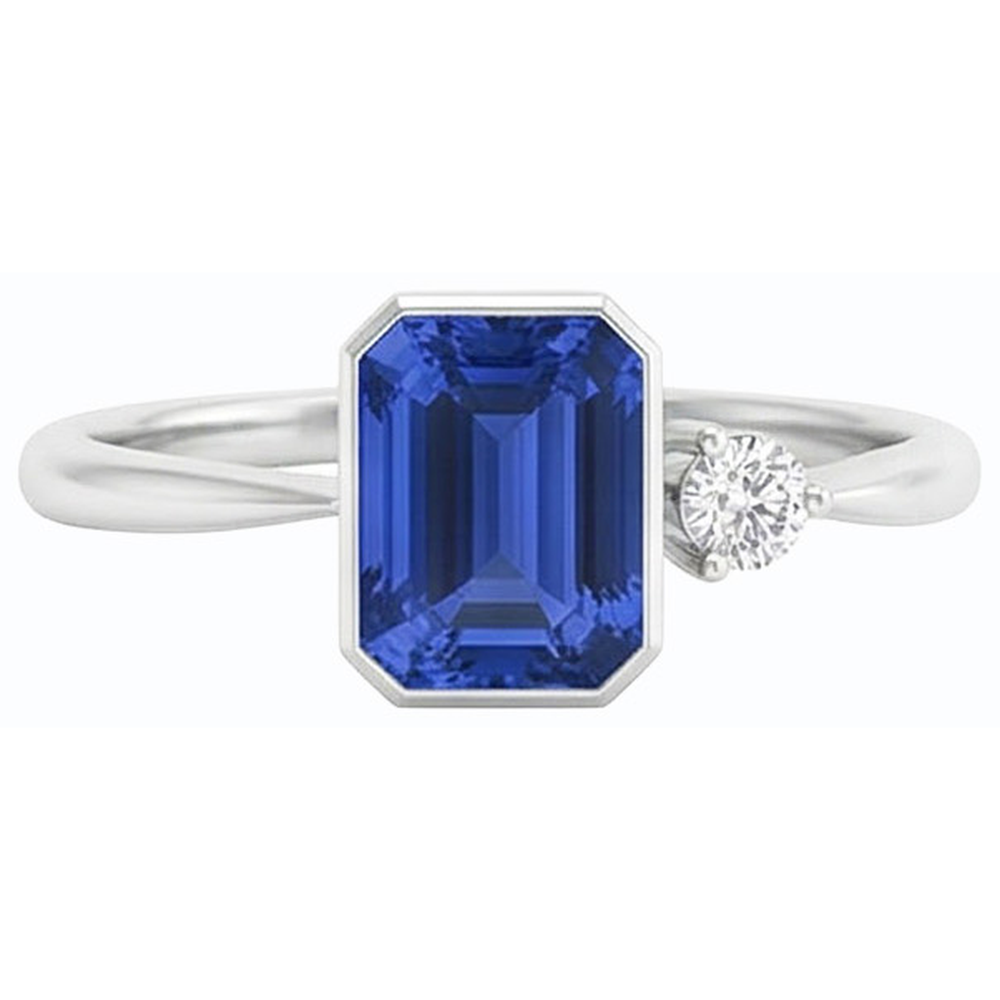 Round Natural Earth Mined Diamond Bezel Set Blue Sapphire Ring 1.75 Carats Tapered Shank