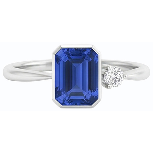 Round Natural Earth Mined Diamond Bezel Set Blue Sapphire Ring 1.75 Carats Tapered Shank