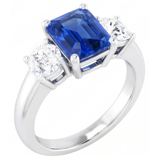 Round Natural Earth Mined Diamond Blue Sapphire Anniversary Ring 2.50 Carats Women 3 Stone
