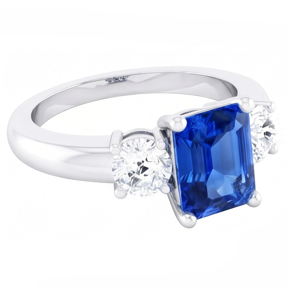 Round Natural Earth Mined Diamond Blue Sapphire Anniversary Ring 2.50 Carats Women 3 Stone