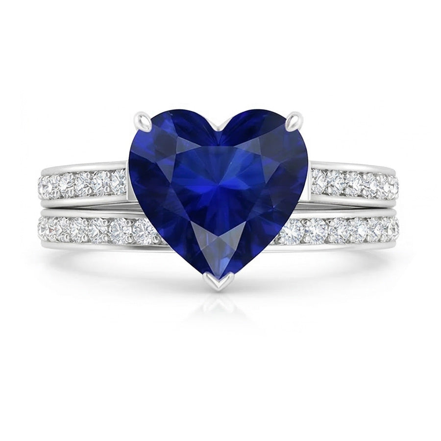 Round Natural Earth Mined Diamond Blue Sapphire Engagement Ring Set With Band 4 Carats