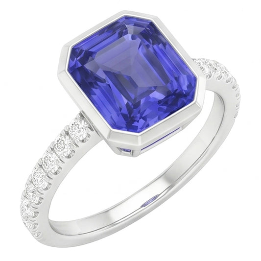 Round Natural Earth Mined Diamond Ceylon Sapphire Ring Bezel Set 4 Carats Pave Set Accents