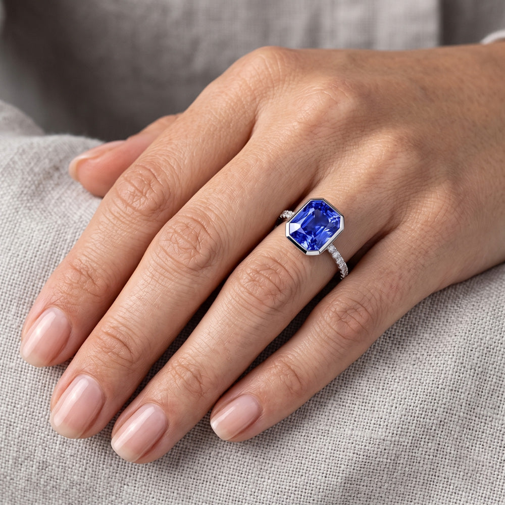 Round Natural Earth Mined Diamond Ceylon Sapphire Ring Bezel Set 4 Carats Pave Set Accents