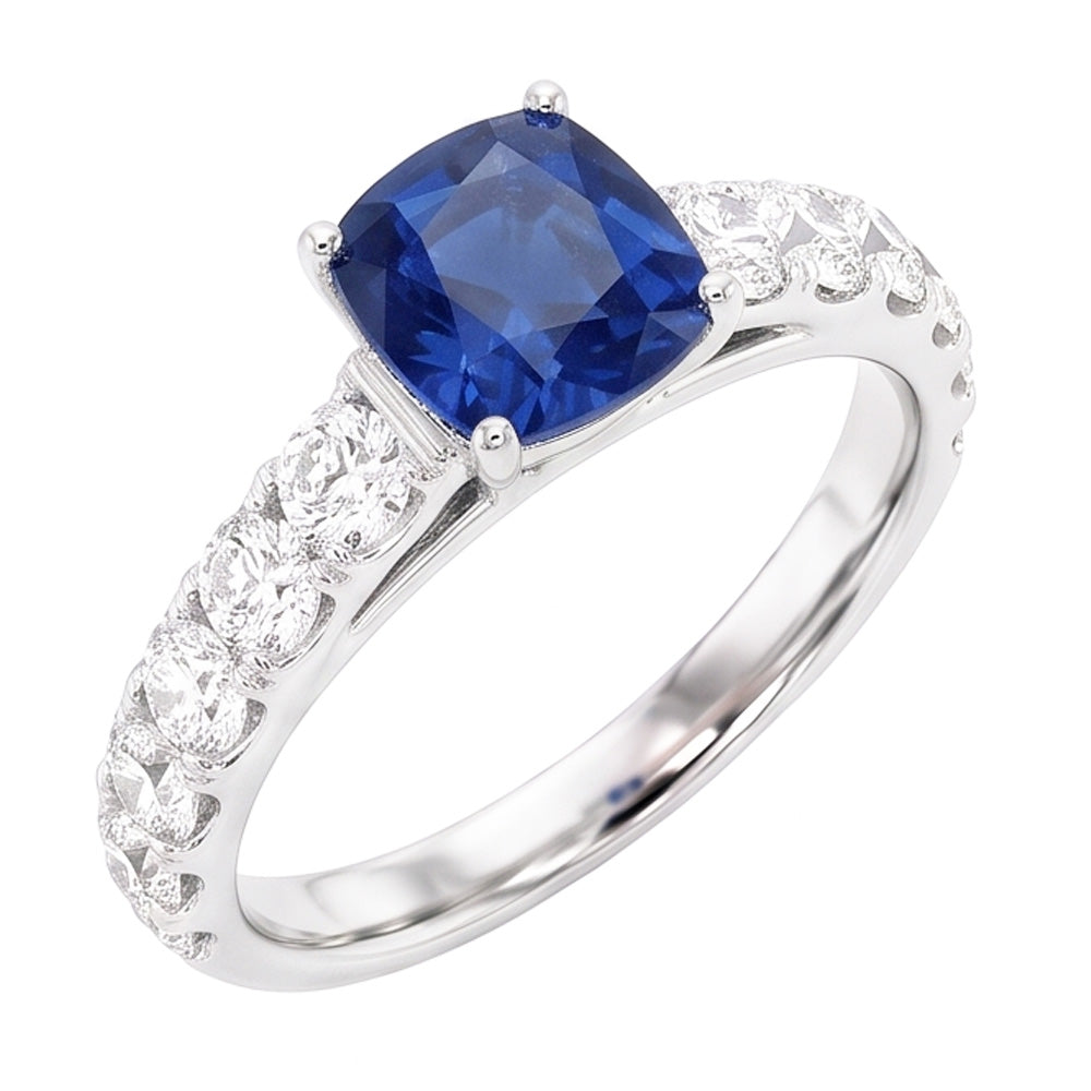 Round Natural Earth Mined Diamond Cushion Blue Sapphire Gemstone Ring 3 Carats White Gold
