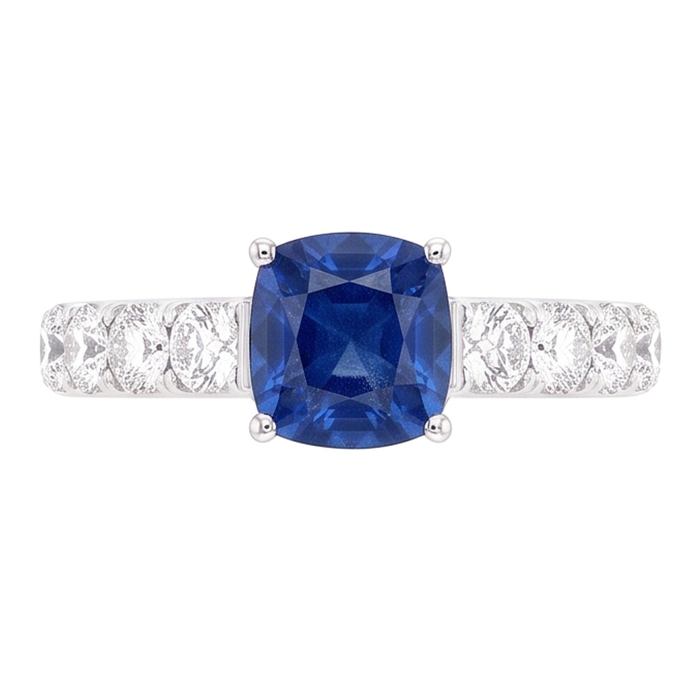 Round Natural Earth Mined Diamond Cushion Blue Sapphire Gemstone Ring 3 Carats White Gold