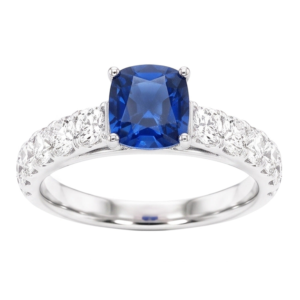 Round Natural Earth Mined Diamond Cushion Blue Sapphire Gemstone Ring 3 Carats White Gold