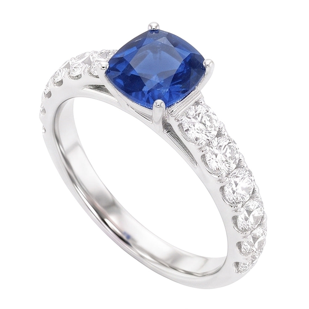 Round Natural Earth Mined Diamond Cushion Blue Sapphire Gemstone Ring 3 Carats White Gold