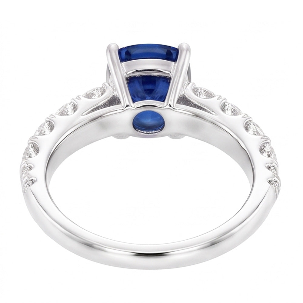 Round Natural Earth Mined Diamond Cushion Blue Sapphire Gemstone Ring 3 Carats White Gold