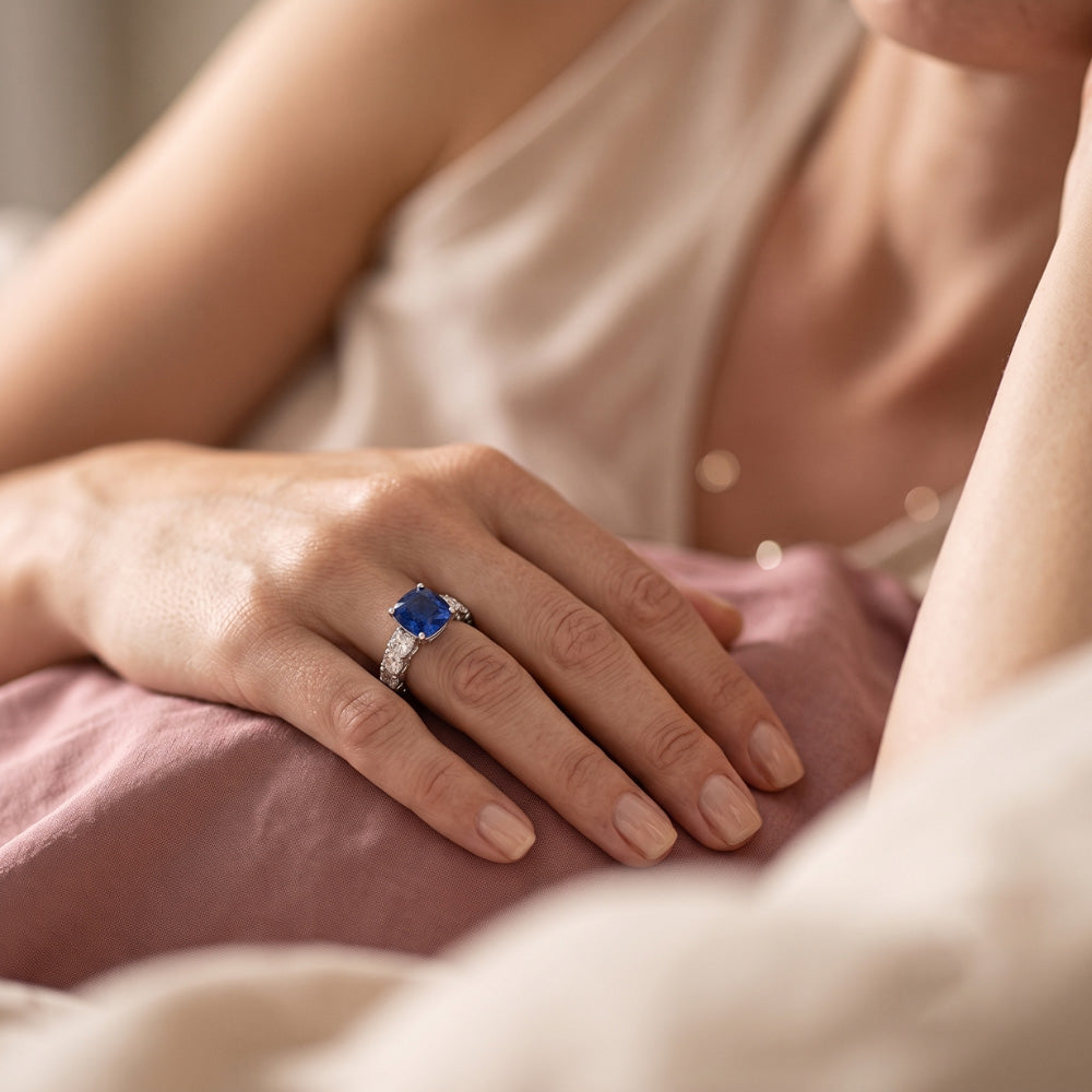 Round Natural Earth Mined Diamond Cushion Blue Sapphire Gemstone Ring 3 Carats White Gold