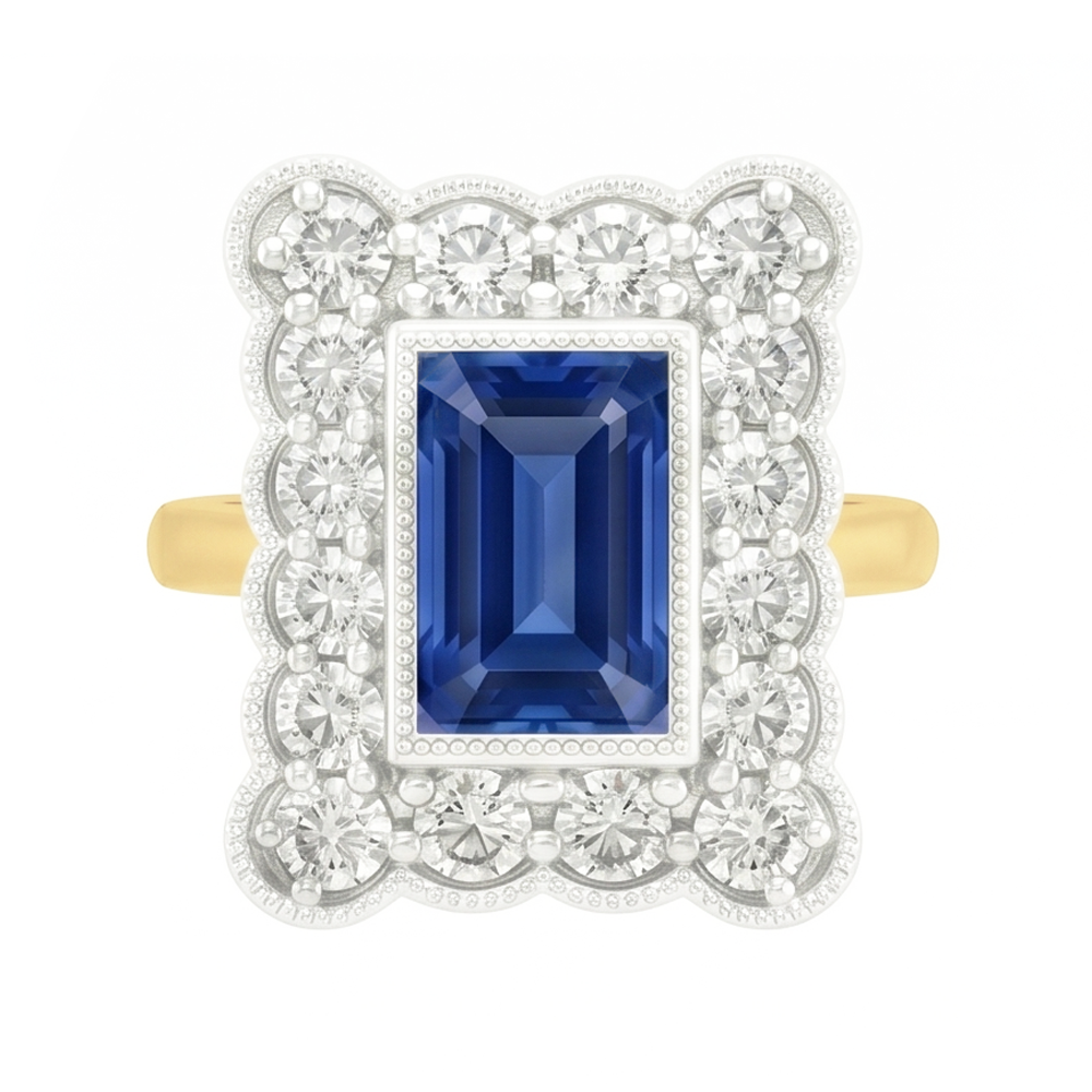 Round Natural Earth Mined Diamond Flower Style Halo Blue Sapphire Ring 3 Carats