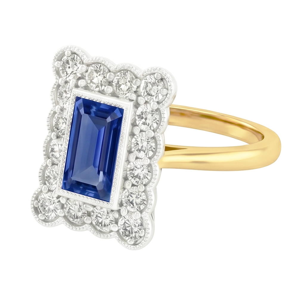 Round Natural Earth Mined Diamond Flower Style Halo Blue Sapphire Ring 3 Carats