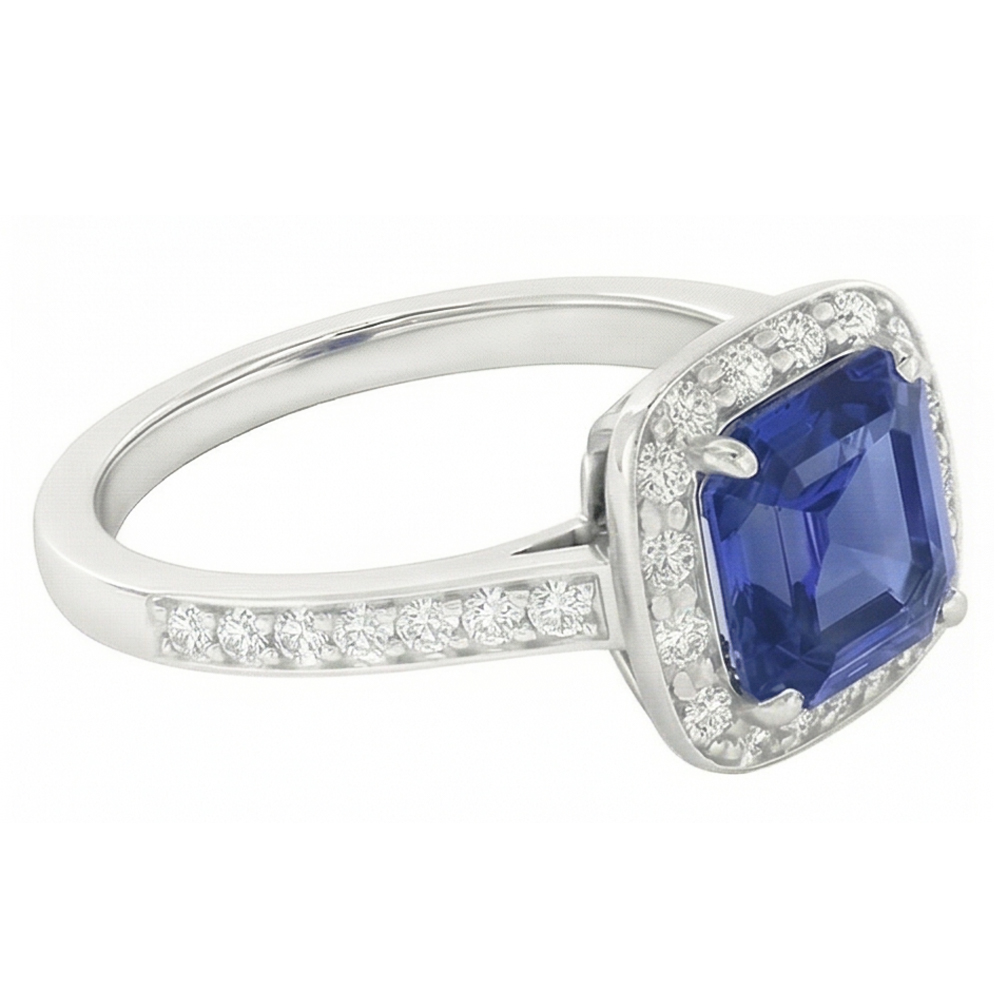Round Natural Earth Mined Diamond Halo Asscher Blue Sapphire Engagement Ring 1.75 Carats