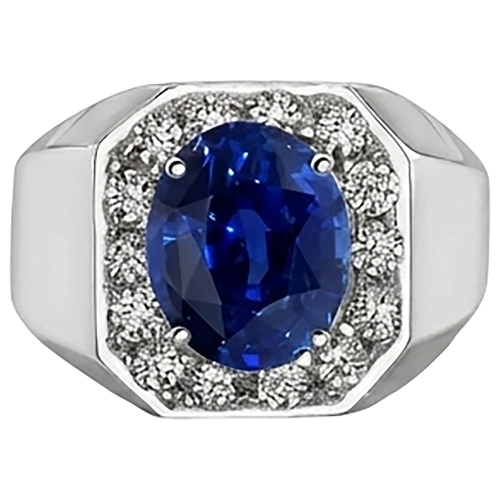 Round Natural Earth Mined Diamond Halo Oval Sapphire Ring Gold Men's Jewellery 3.50 Carats