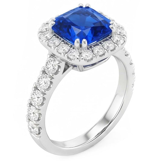 Round Natural Earth Mined Diamond Halo Radiant Blue Sapphire 4 Carats White Gold 14K