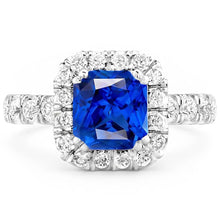 Round Natural Earth Mined Diamond Halo Radiant Blue Sapphire 4 Carats White Gold 14K