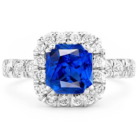 Round Natural Earth Mined Diamond Halo Radiant Blue Sapphire 4 Carats White Gold 14K