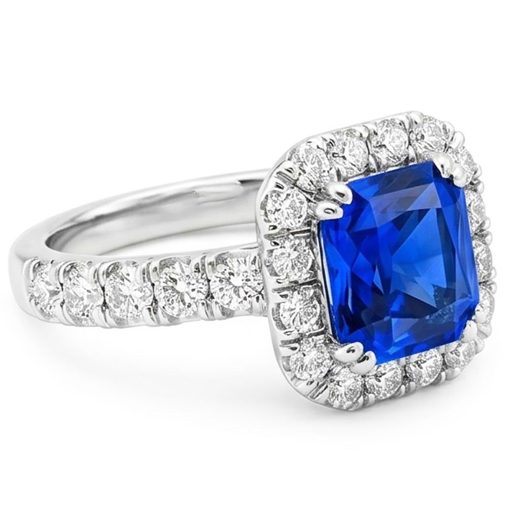 Round Natural Earth Mined Diamond Halo Radiant Blue Sapphire 4 Carats White Gold 14K