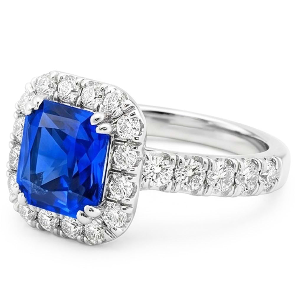 Round Natural Earth Mined Diamond Halo Radiant Blue Sapphire 4 Carats White Gold 14K