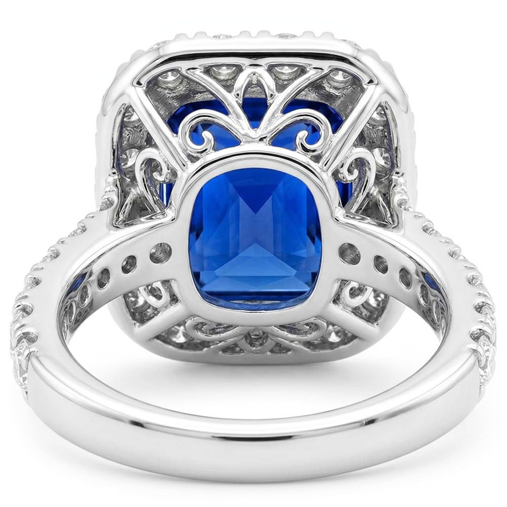 Round Natural Earth Mined Diamond Halo Radiant Blue Sapphire 4 Carats White Gold 14K