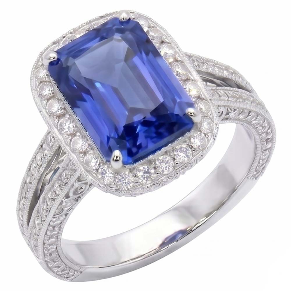 Round Natural Earth Mined Diamond Halo Radiant Sapphire Ring Split Milgrain Shank 5 Carats