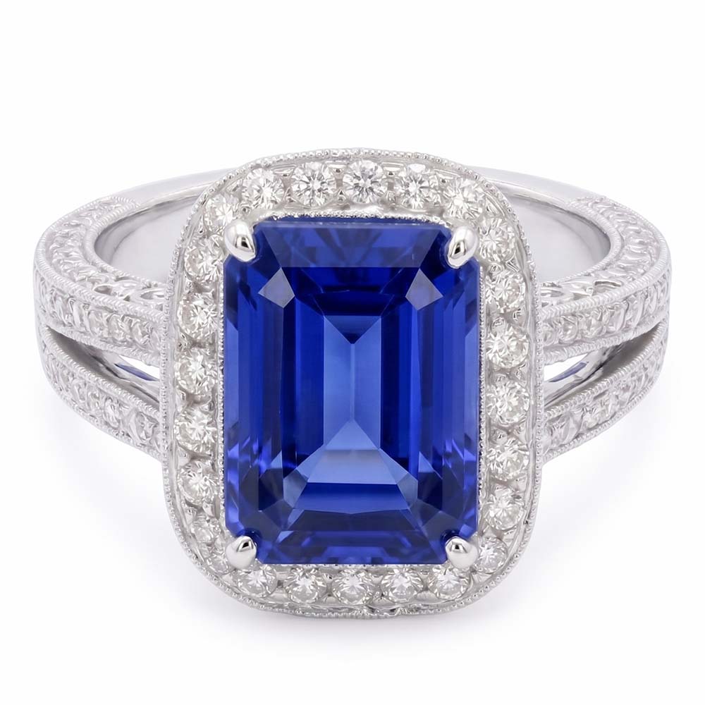 Round Natural Earth Mined Diamond Halo Radiant Sapphire Ring Split Milgrain Shank 5 Carats