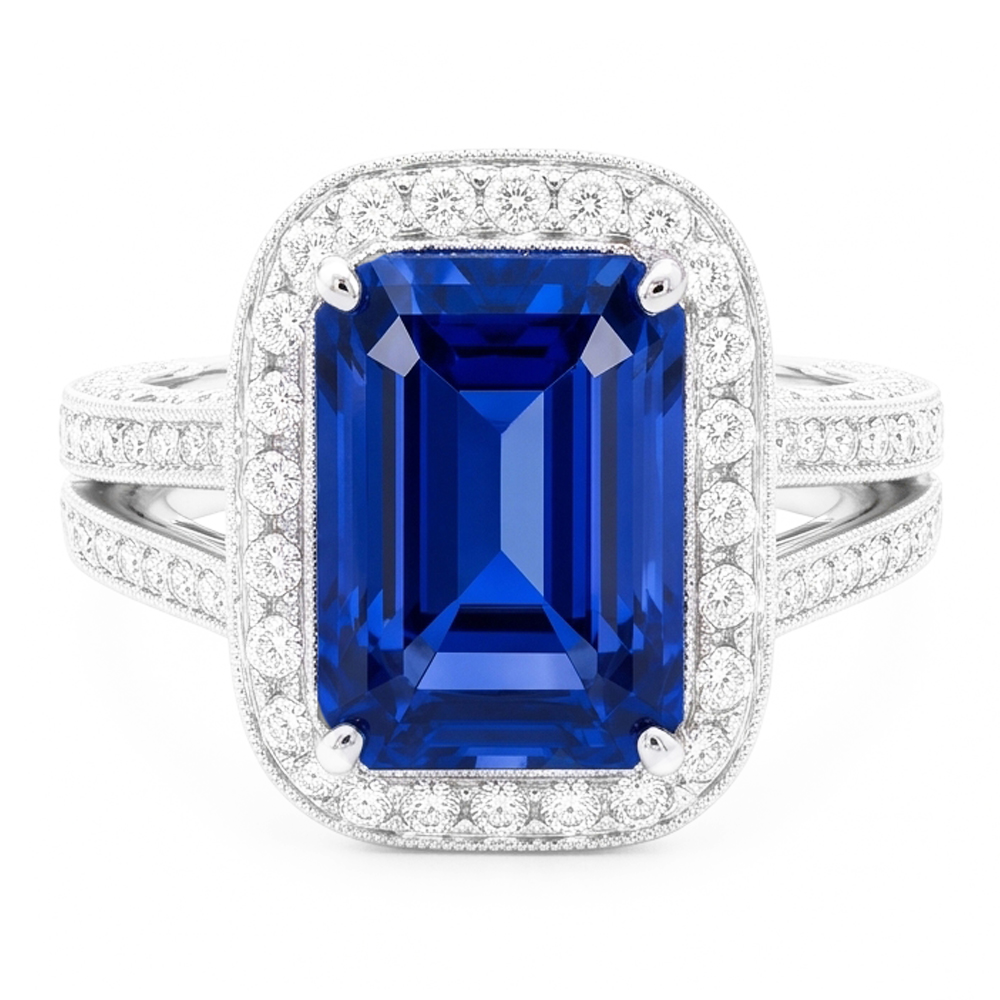 Round Natural Earth Mined Diamond Halo Radiant Sapphire Ring Split Milgrain Shank 5 Carats